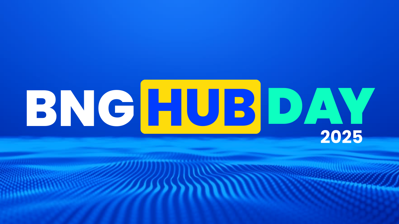 logo do evento bng hub day. O termo BNG está em branco, o Hub em amarelo e o Day em verde água.