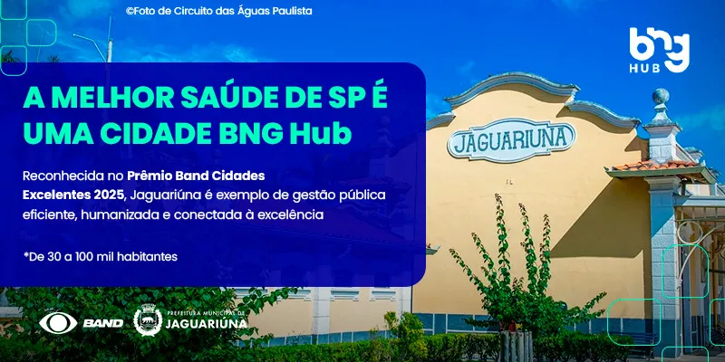 Prédio ao fundo em amarelo, com um bloco azel com texto que diz: A melhor saúde de SP é uma cidade BG Hub